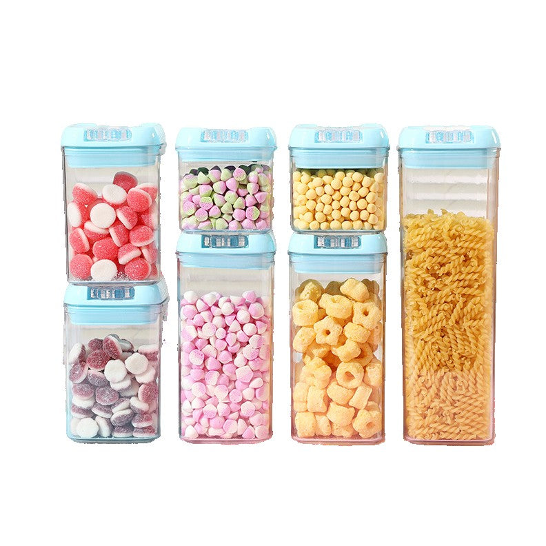 Set 7 Cutii de Depozitare Alimente, Klevo, 2 x 500ml, 2 x 800ml, 2 x 1200ml, 1 x 1900 ml, Capac Albastru, din PP+PET, Inchidere Ermetica, Transparent