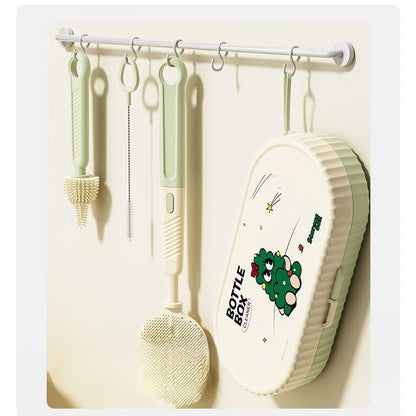 Set 7 Piese de Spalat/Uscat Biberoane, Klevo, Portabil, Peri de Silicon, pentru Tetine, Suzete, Biberoane, Paie, Cutie Inclusa, 20 x 9.5 cm, Verde