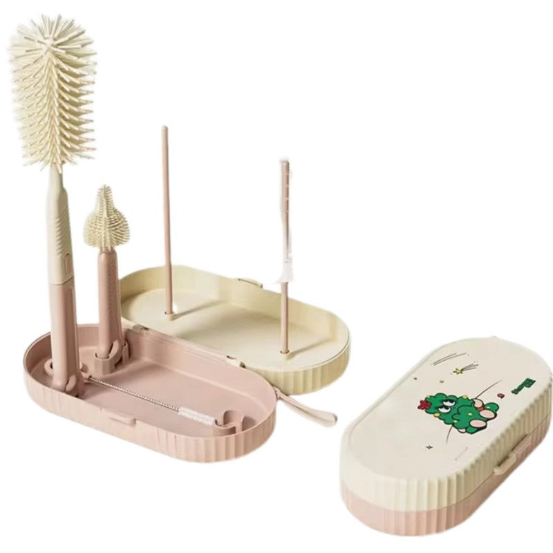 Set 7 Piese de Spalat/Uscat Biberoane, Klevo, Portabil, Peri de Silicon, pentru Tetine, Suzete, Biberoane, Paie, Cutie Inclusa, 20 x 9.5 cm, Roz