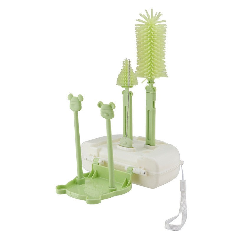 Set 7 Piese de Spalat/Uscat Biberoane, Klevo, Portabil, Peri de Silicon, pentru Tetine, Suzete, Biberoane, Paie, Cutie Inclusa, 16 x 11 x 5 cm, Model Ursulet, Verde