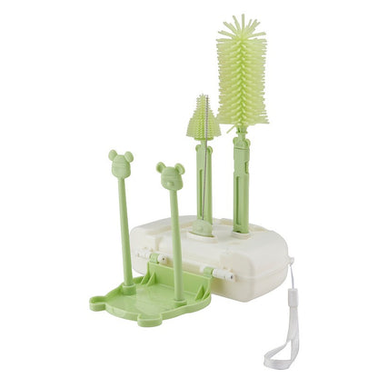 Set 7 Piese de Spalat/Uscat Biberoane, Klevo, Portabil, Peri de Silicon, pentru Tetine, Suzete, Biberoane, Paie, Cutie Inclusa, 16 x 11 x 5 cm, Model Ursulet, Verde