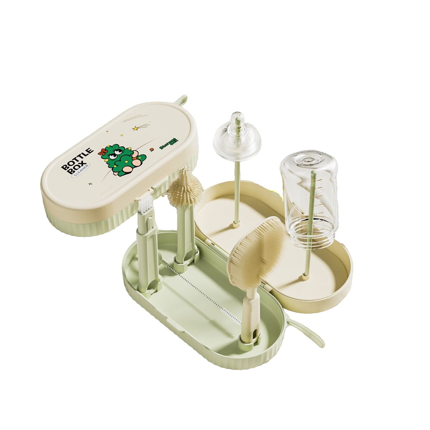 Set 7 Piese de Spalat/Uscat Biberoane, Klevo, Portabil, Peri de Silicon, pentru Tetine, Suzete, Biberoane, Paie, Cutie Inclusa, 20 x 9.5 cm, Verde