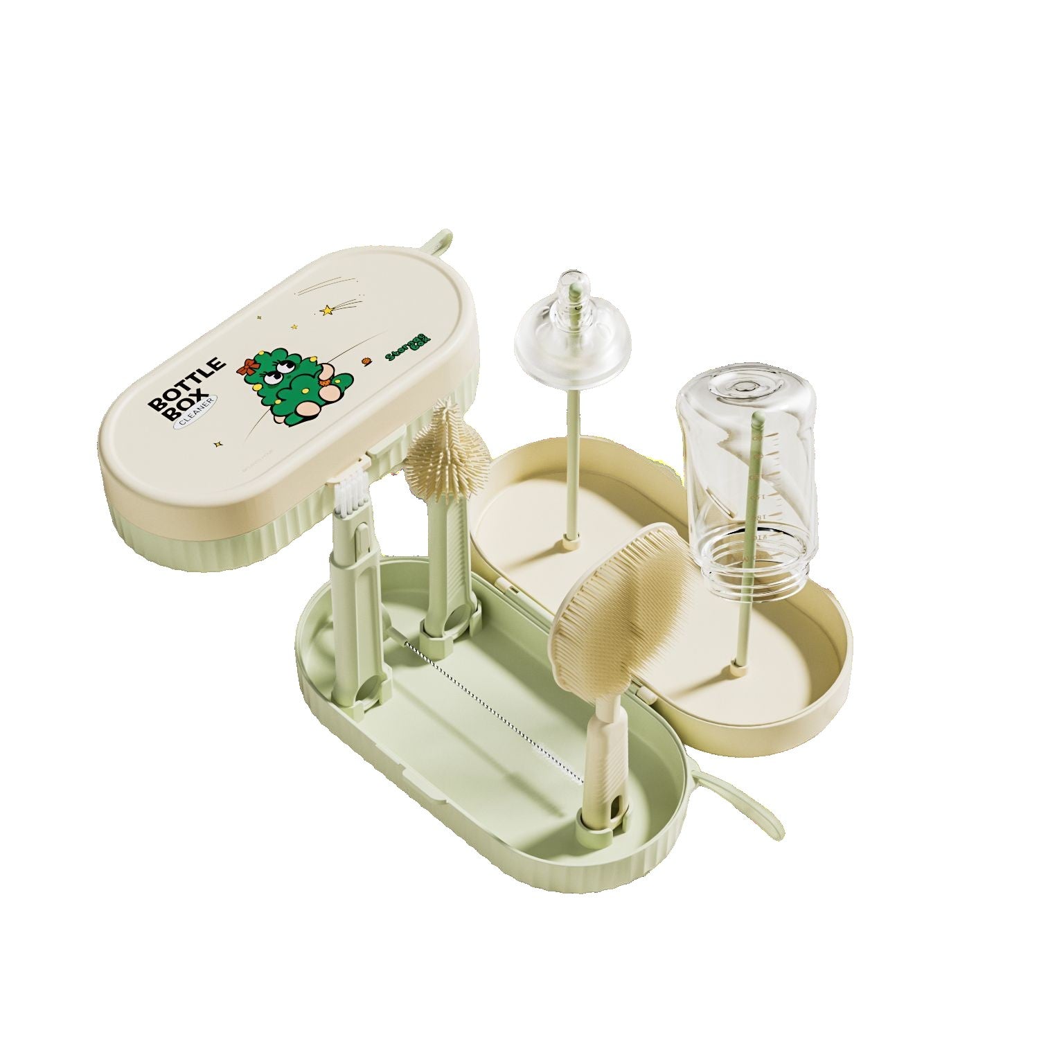 Set 7 Piese de Spalat/Uscat Biberoane, Klevo, Portabil, Peri de Silicon, pentru Tetine, Suzete, Biberoane, Paie, Cutie Inclusa, 20 x 9.5 cm, Verde