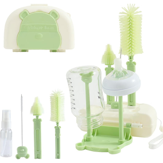 Set 7 Piese de Spalat/Uscat Biberoane, Klevo, Portabil, Peri de Silicon, pentru Tetine, Suzete, Biberoane, Paie, Cutie Inclusa, 16 x 11 x 5 cm, Model Ursulet, Verde