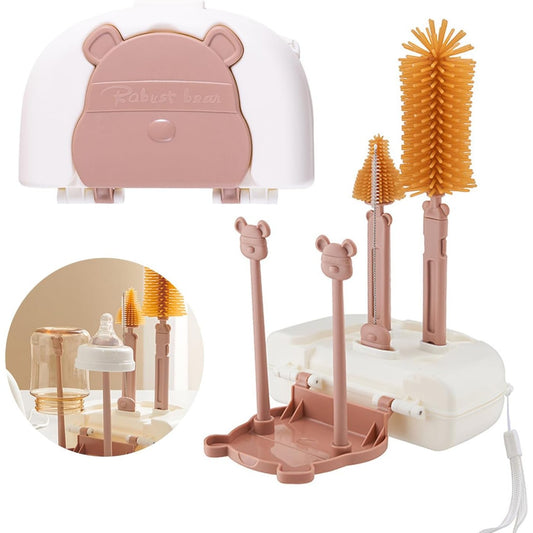 Set 7 Piese de Spalat/Uscat Biberoane, Klevo, Portabil, Peri de Silicon, pentru Tetine, Suzete, Biberoane, Paie, Cutie Inclusa, 16 x 11 x 5 cm, Model Ursulet, Maro