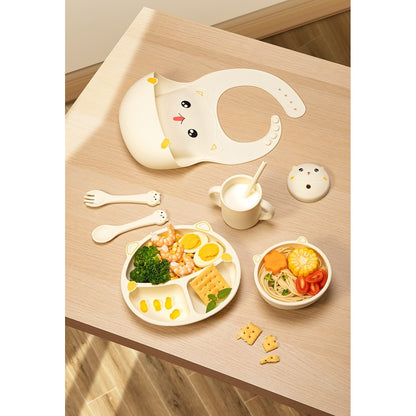 Set 7 Piese Hranire Bebelusi si Copii, Klevo, din Silicon, fara BPA, de la 12 Luni, Model Pisicuta, 30 x 25 x 6 cm, Bej