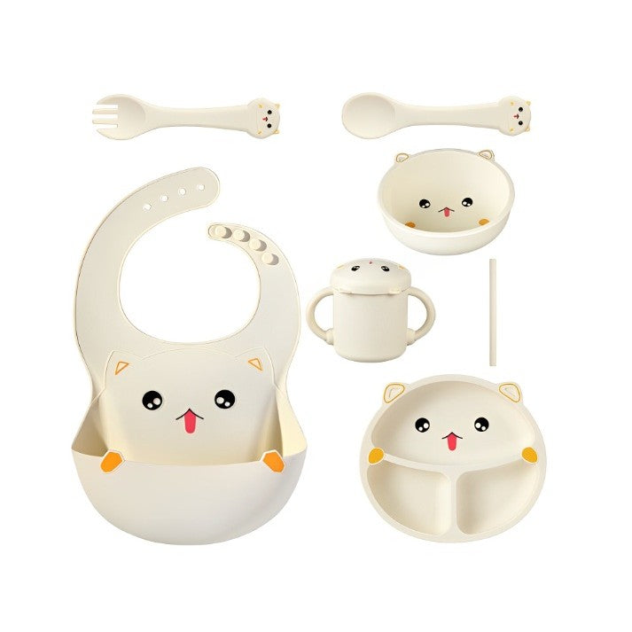 Set 7 Piese Hranire Bebelusi si Copii, Klevo, din Silicon, fara BPA, de la 12 Luni, Model Pisicuta, 30 x 25 x 6 cm, Bej