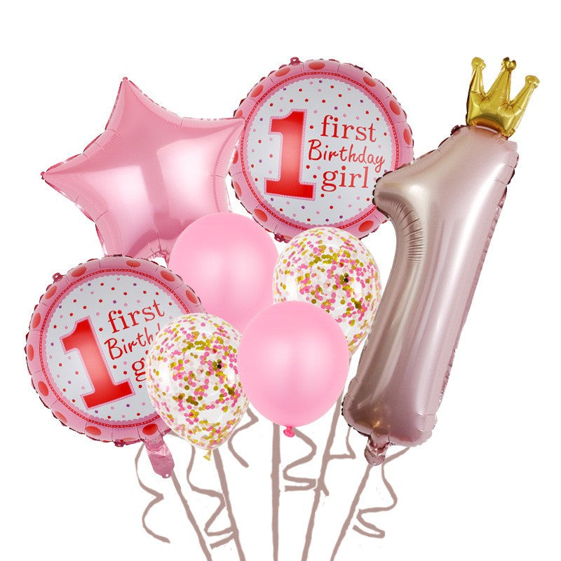 Set 8 Baloane din Folie Metalizată si din Latex, Klevo, Figurine Cifra 1 Printesa 91cm, Stea 45 cm si Cerc 55 cm, Baloane Latex 30 cm, Tema Prima Aniversare, Ambalaj Individual, Pai Inclus, Umflare cu Aer sau Heliu, Roz