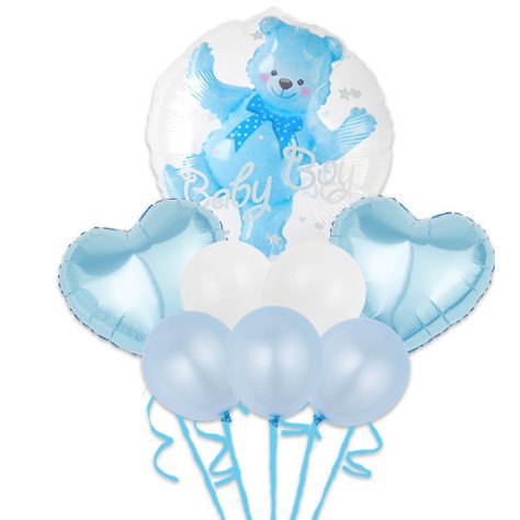 Set Baloane Aniversare, Klevo, set din 8 bucati, 1 bucata urs, 2 inimi folie, 5 simple din latex Baby Boy, 60 cm Albastru