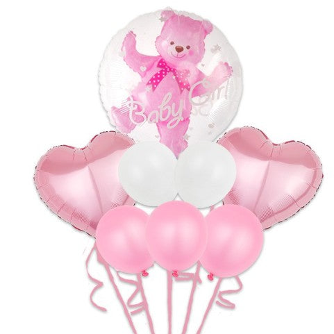 Set Baloane Aniversare, Klevo, set din 8 bucati, 1 bucata urs, 2 inimi folie,5 simple din latex Baby Girl, 60 cm Roz