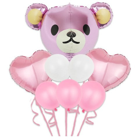 Set Baloane Aniversare, Klevo, set din 8 bucati, 1 bucata urs mare, 2 inimi folie,5 simple din latex Baby Girl, 60 cm Roz