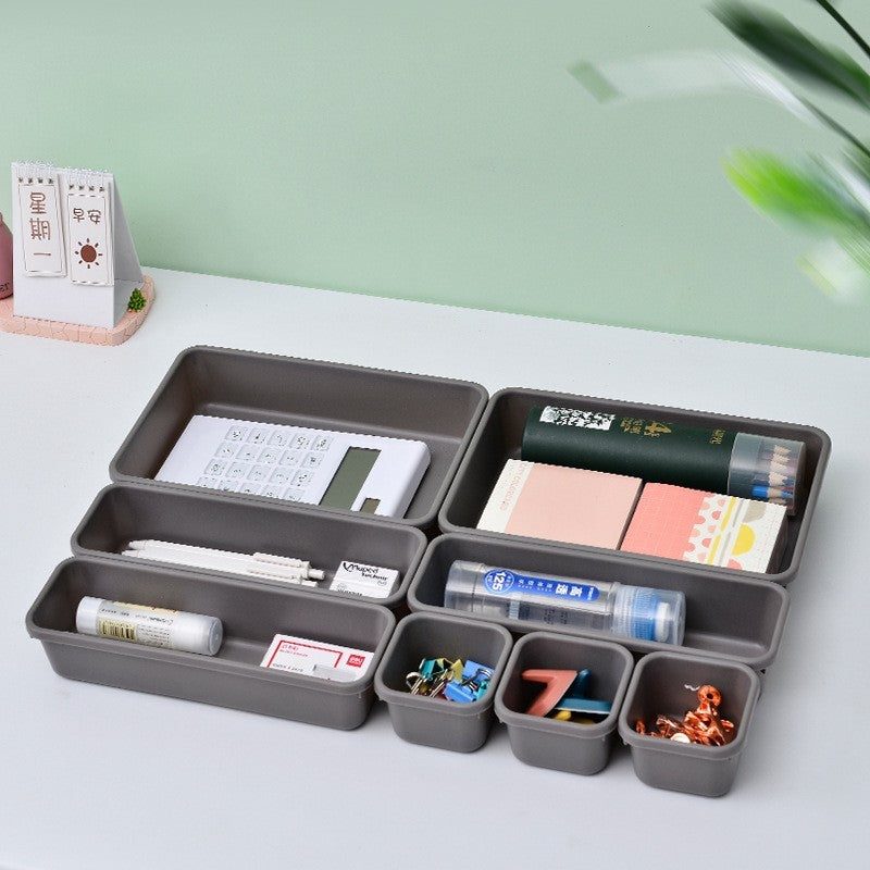 Set 8 cutii depozitare, pentru sertar, cosmetice, ustensile bucatarie, textile, plastic, gri, Klevo, 23.5 x 16 cm