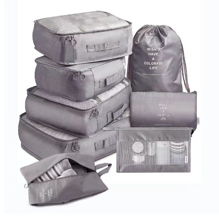 Set 8 huse organizare bagaj Klevo, material poliester, impermeabil, cu fermoar, pentru calatorii sau dulap, sac pentru pantofi inclus, pliabil, gri