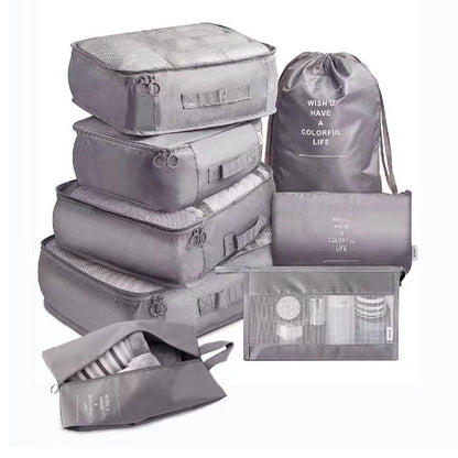 Set 8 huse organizare bagaj Klevo, material poliester, impermeabil, cu fermoar, pentru calatorii sau dulap, sac pentru pantofi inclus, pliabil, gri