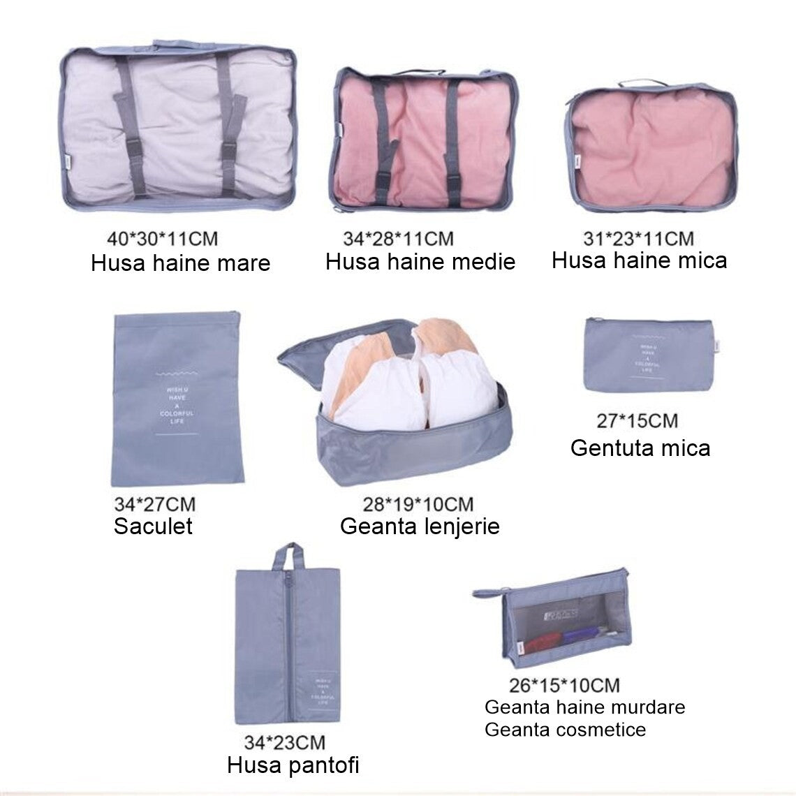 Set 8 huse organizare bagaj Klevo, material poliester, impermeabil, cu fermoar, pentru calatorii sau dulap, sac pentru pantofi inclus, pliabil, gri