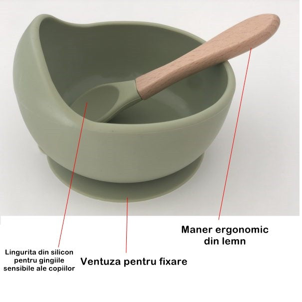 Set 8 piese diversificare bebelusi si copii din silicon Klevo, baveta, farfurie compartimentata cu ventuza, bol cu ventuza, tacamuri din lemn si silicon, cana pentru gustari, fara alergeni, verde inchis