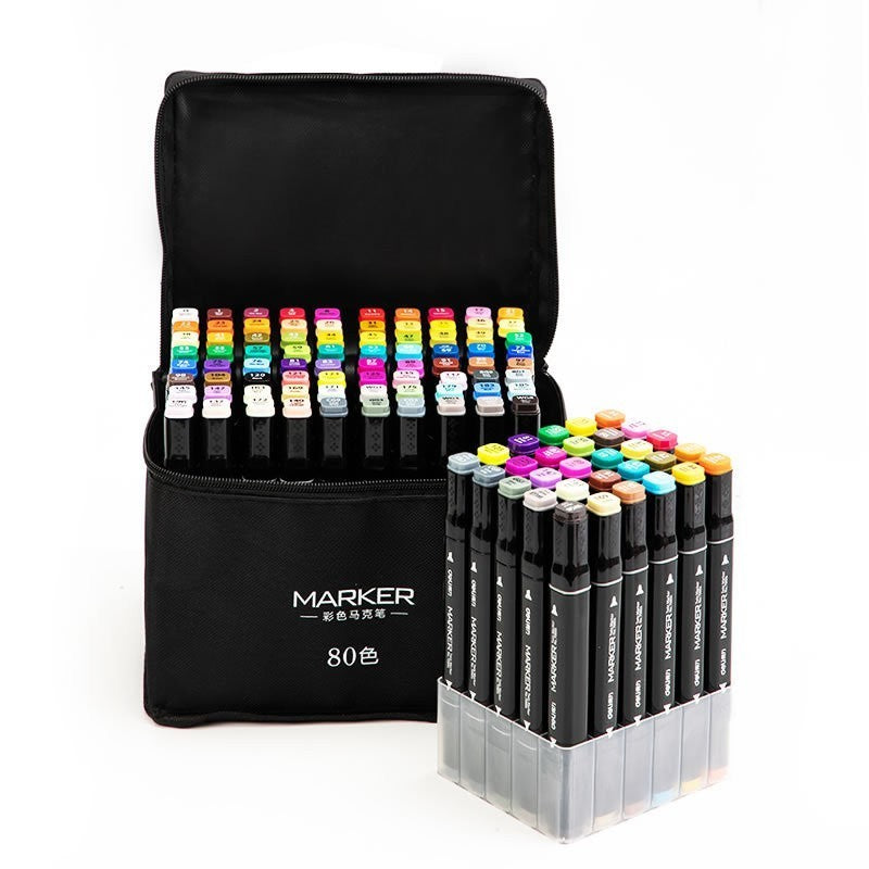Set 80 Markere, Klevo, pe Baza de Alcool, Dublu Capat, Subtire 1mm si Gros 6 mm, Geanta Depozitare, 15 cm, Multicolor
