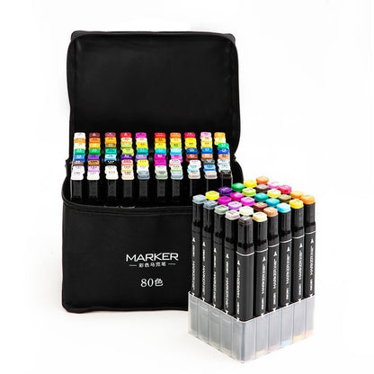 Set 80 Markere, Klevo, pe Baza de Alcool, Dublu Capat, Subtire 1mm si Gros 6 mm, Geanta Depozitare, 15 cm, Multicolor