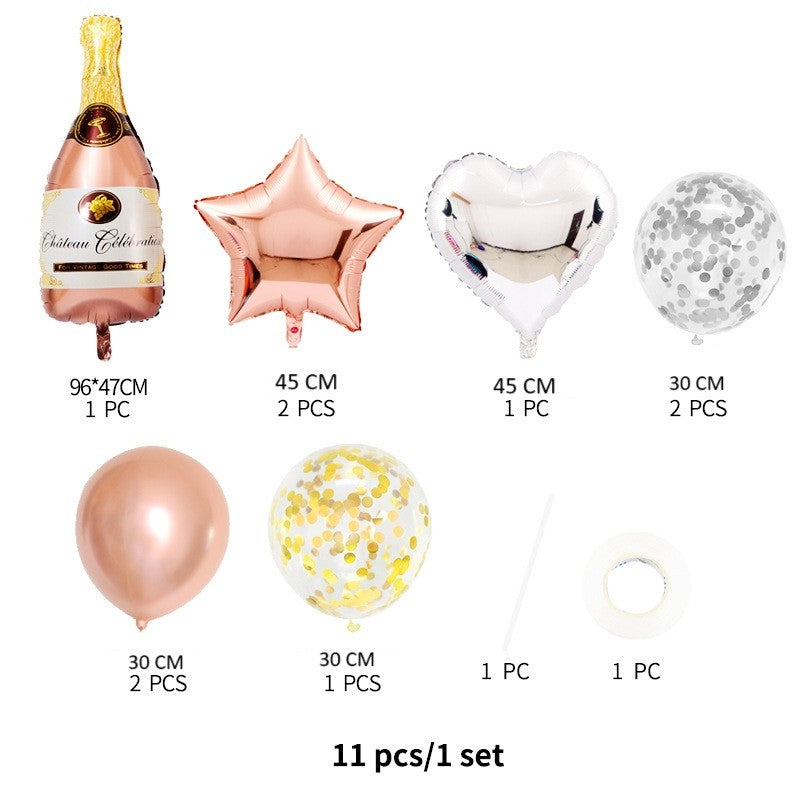 Set 9 Baloane din Folie Metalizată si din Latex, Klevo, Model Sticla de Sampanie, Baloane Party, Bat si Adeziv Incluse, Umflare cu Aer sau Heliu, Roz Alb