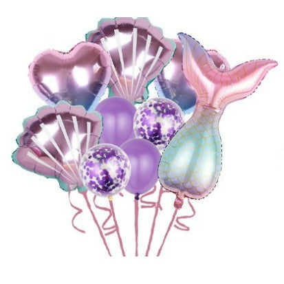 Set baloane aniversare pentru fetita, set din 9 baloane, Klevo, Tematica Sirene, 5 Baloane Folie, 4 baloane latex, cu inimii Mov metalizat