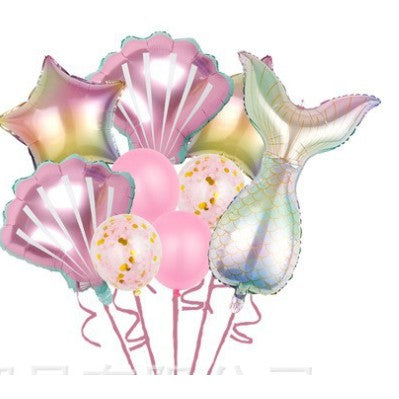 Set baloane aniversare pentru fetita, set din 9 baloane, Klevo, Tematica Sirene, 5 Baloane Folie, 4 baloane latex, Roz metalizat