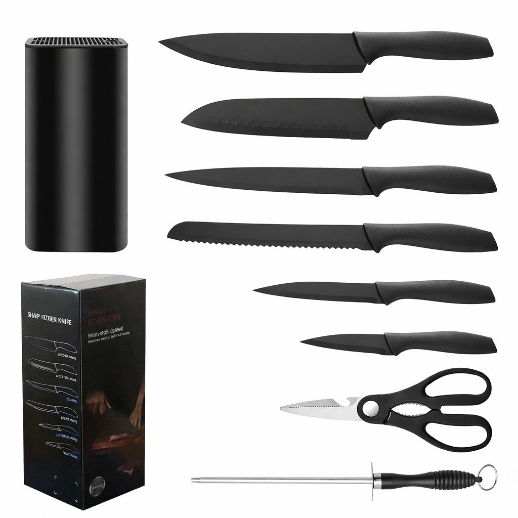 Cutite Bucatarie, Set 9 Piese, Klevo, Otel Inoxidabil cu Acoperire Antiaderenta, Suport Depozitare Inclus, 6 Cutite, Tija Ascutire si Foarfeca Bucatarie, 31 x 10 x 10 cm, Negru