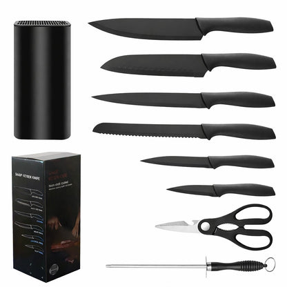Cutite Bucatarie, Set 9 Piese, Klevo, Otel Inoxidabil cu Acoperire Antiaderenta, Suport Depozitare Inclus, 6 Cutite, Tija Ascutire si Foarfeca Bucatarie, 31 x 10 x 10 cm, Negru
