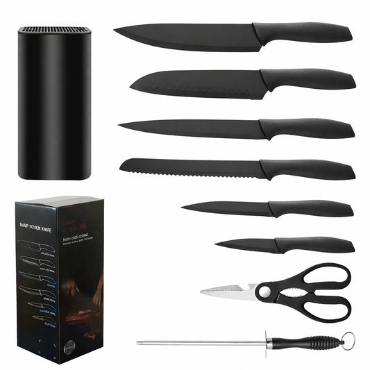 Cutite Bucatarie, Set 9 Piese, Klevo, Otel Inoxidabil cu Acoperire Antiaderenta, Suport Depozitare Inclus, 6 Cutite, Tija Ascutire si Foarfeca Bucatarie, 31 x 10 x 10 cm, Negru