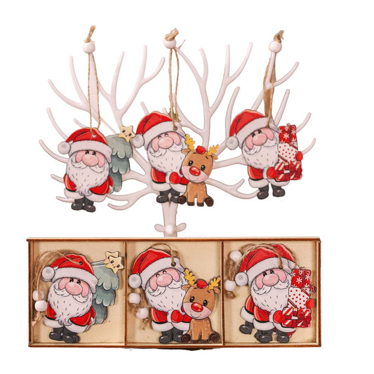 Set 9 Decoratiuni de Craciun din Lemn, Klevo, cu Snur pentru Agatare in Brad, 3 Modele, Model Mos Craciun cu Brad, Ren si Cadouri, Diferite Dimensiuni, Multicolor