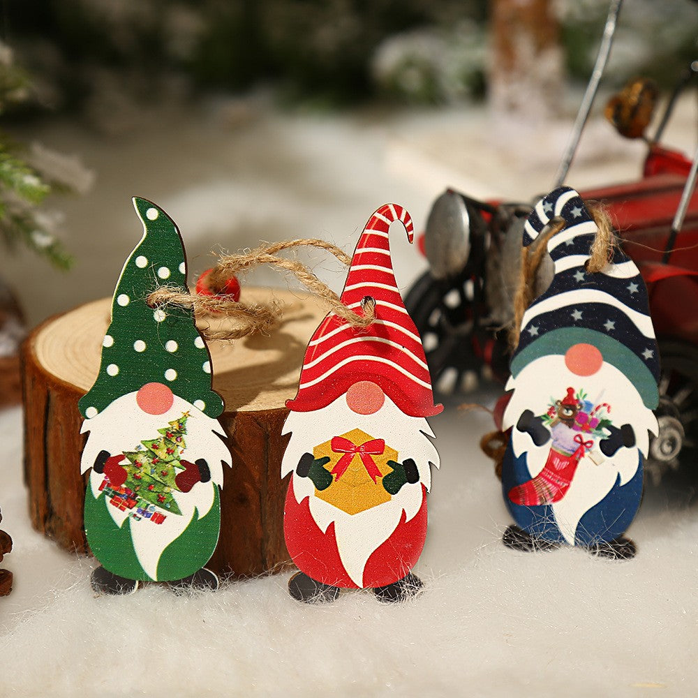 Set 9 Decoratiuni de Craciun din Lemn, Klevo, cu Snur pentru Agatare in Brad, 3 Modele Mos Craciun Diferite Dimensiuni, Multicolor