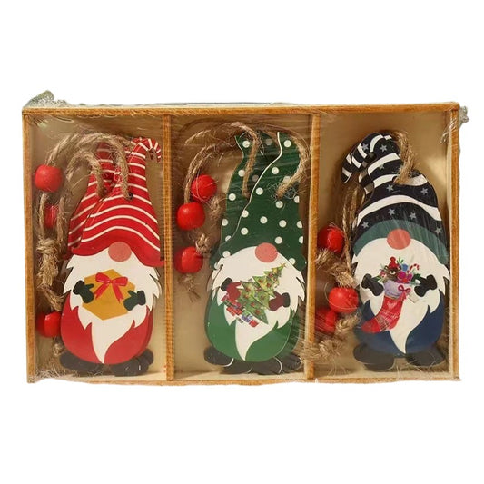Set 9 Decoratiuni de Craciun din Lemn, Klevo, cu Snur pentru Agatare in Brad, 3 Modele Mos Craciun Diferite Dimensiuni, Multicolor