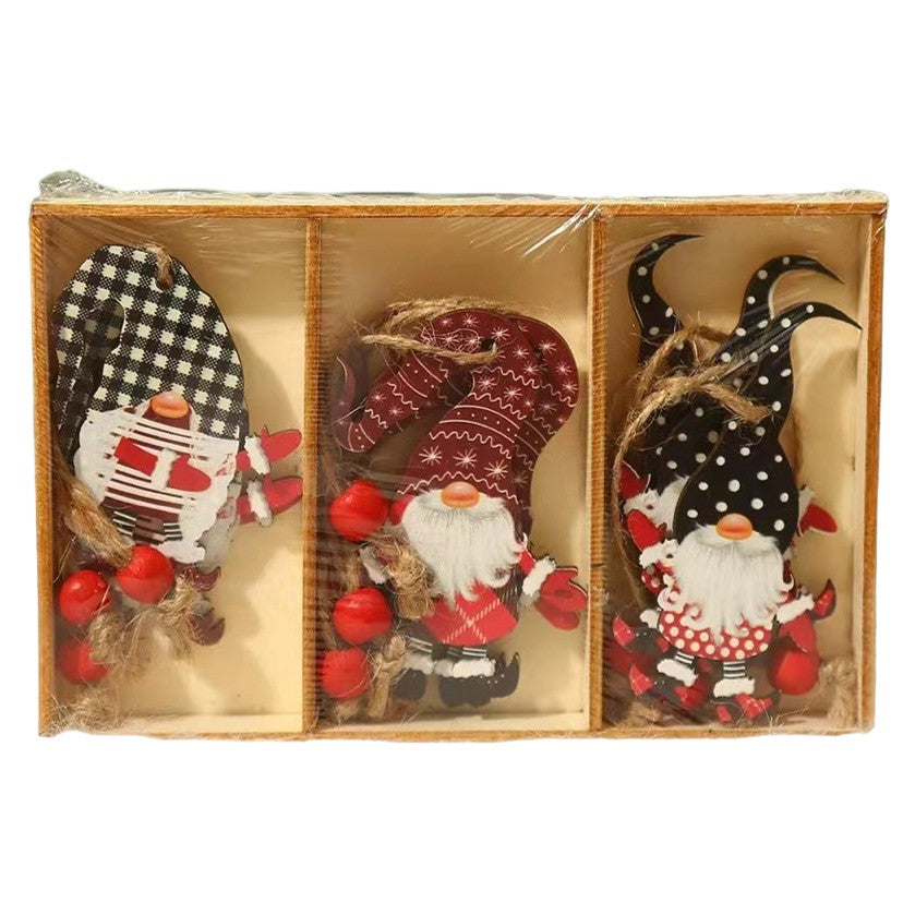 Set 9 Decoratiuni de Craciun din Lemn, Klevo, cu Snur pentru Agatare in Brad, Model Mos Craciun Diferite Dimensiuni, 3 Modele, Multicolor