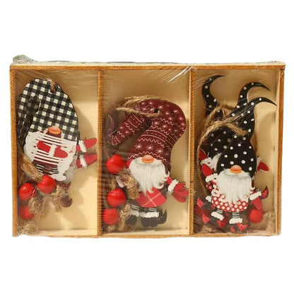 Set 9 Decoratiuni de Craciun din Lemn, Klevo, cu Snur pentru Agatare in Brad, Model Mos Craciun Diferite Dimensiuni, 3 Modele, Multicolor