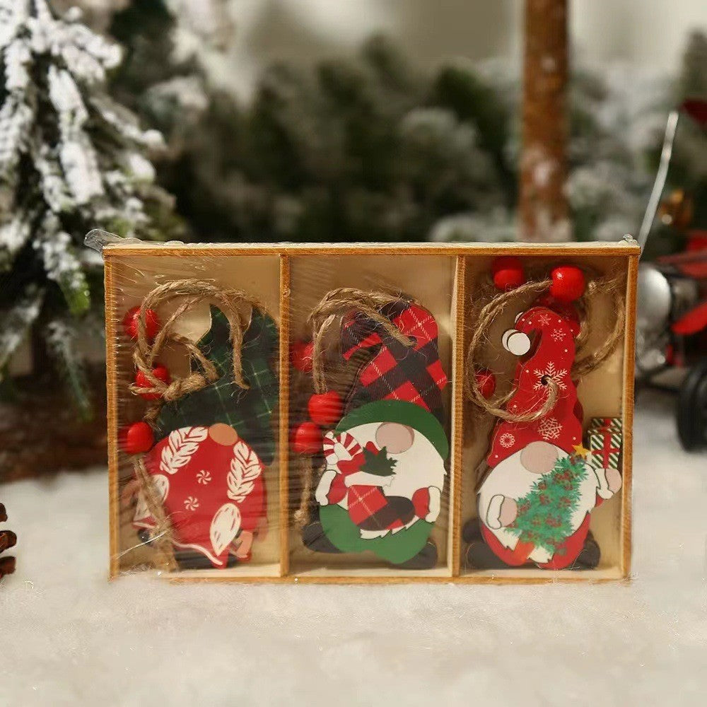 Set 9 Decoratiuni de Craciun din Lemn, Klevo, cu Snur pentru Agatare in Brad, Model Mos Craciun Pitic Diferite Dimensiuni, 3 Modele, Multicolor