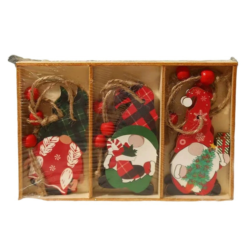 Set 9 Decoratiuni de Craciun din Lemn, Klevo, cu Snur pentru Agatare in Brad, Model Mos Craciun Pitic Diferite Dimensiuni, 3 Modele, Multicolor