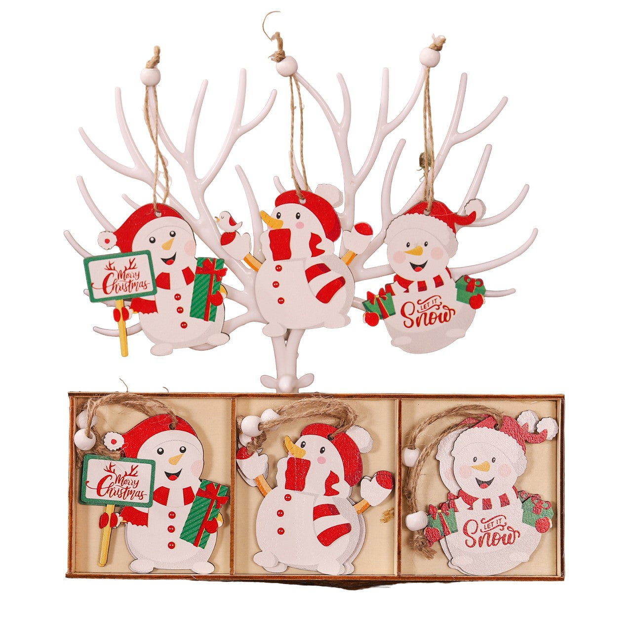 Set 9 Decoratiuni de Craciun din Lemn, Klevo, cu Snur pentru Agatare in Brad, Model Oameni de Zapada, 3 Modele, Diferite Dimensiuni, Multicolor