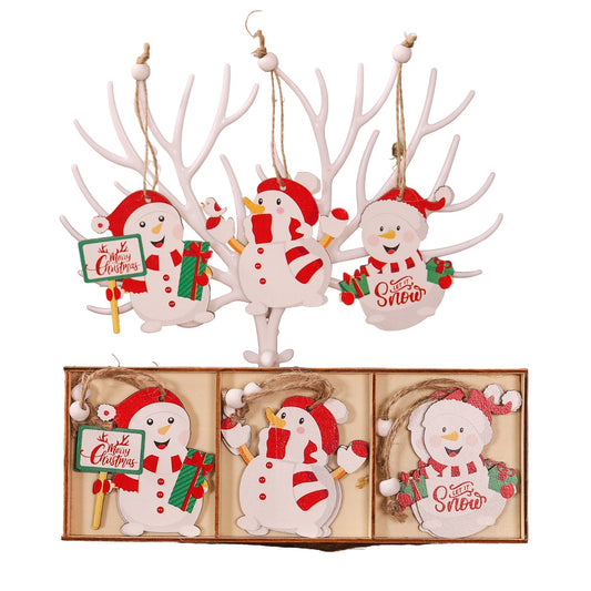 Set 9 Decoratiuni de Craciun din Lemn, Klevo, cu Snur pentru Agatare in Brad, Model Oameni de Zapada, 3 Modele, Diferite Dimensiuni, Multicolor