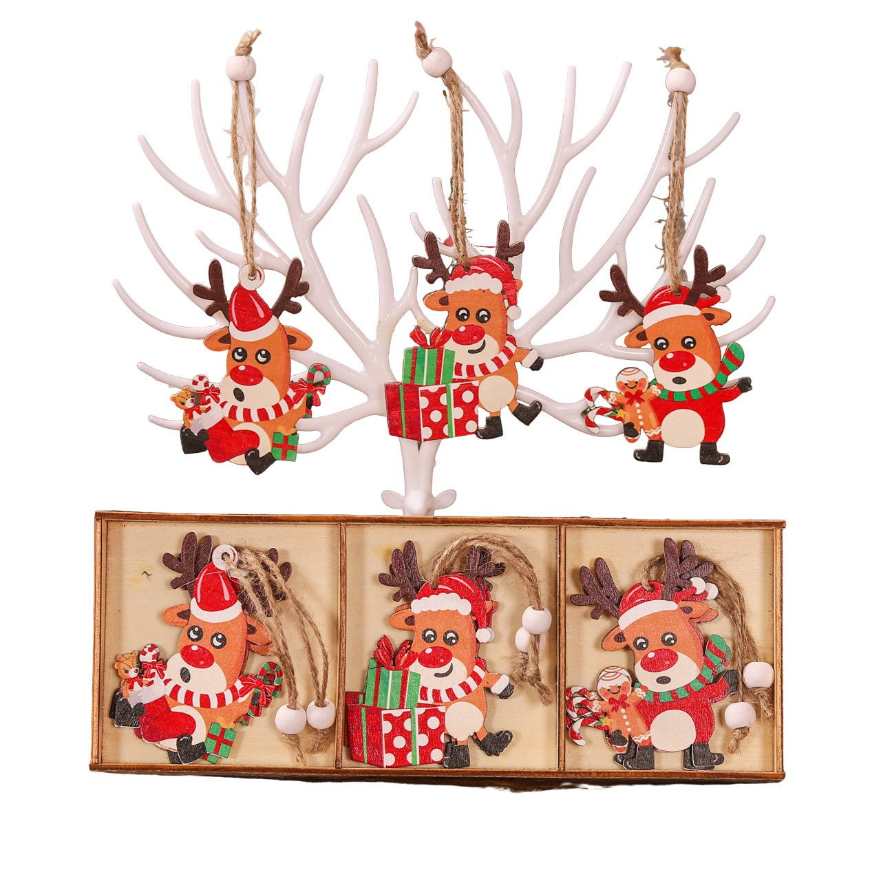Set 9 Decoratiuni de Craciun din Lemn, Klevo, cu Snur pentru Agatare in Brad, Model Reni, 3 Modele, Diferite Dimensiuni, Multicolor