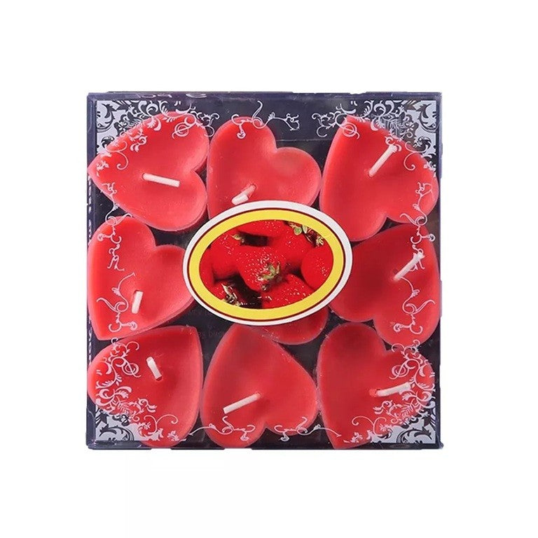 Set 9 Lumanari in Forma de Inima, Klevo, pentru Ziua Indragostitilor, Aroma de Capsuni, Ardere 3.5 h, din Parafina, 4 x 2 cm, Rosu