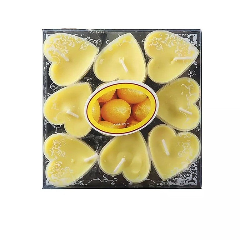 Set 9 Lumanari in Forma de Inima, Klevo, pentru Ziua Indragostitilor, Aroma de Citrice, Ardere 3.5 h, din Parafina, 4 x 2 cm, Galben