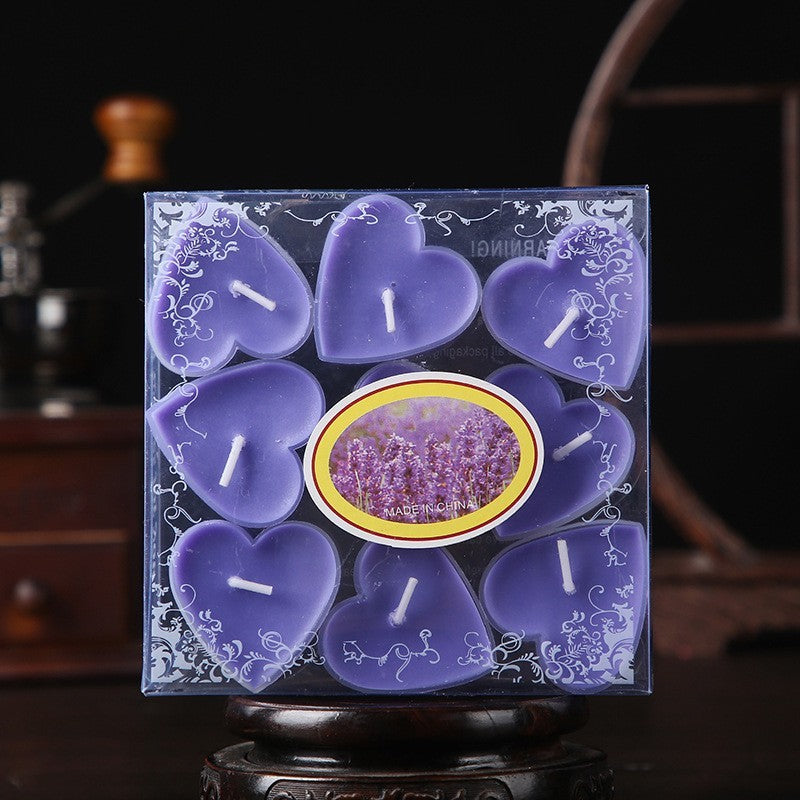 Set 9 Lumanari in Forma de Inima, Klevo, pentru Ziua Indragostitilor, Aroma de Lavanda, Ardere 3.5 h, din Parafina, 4 x 2 cm, Mov