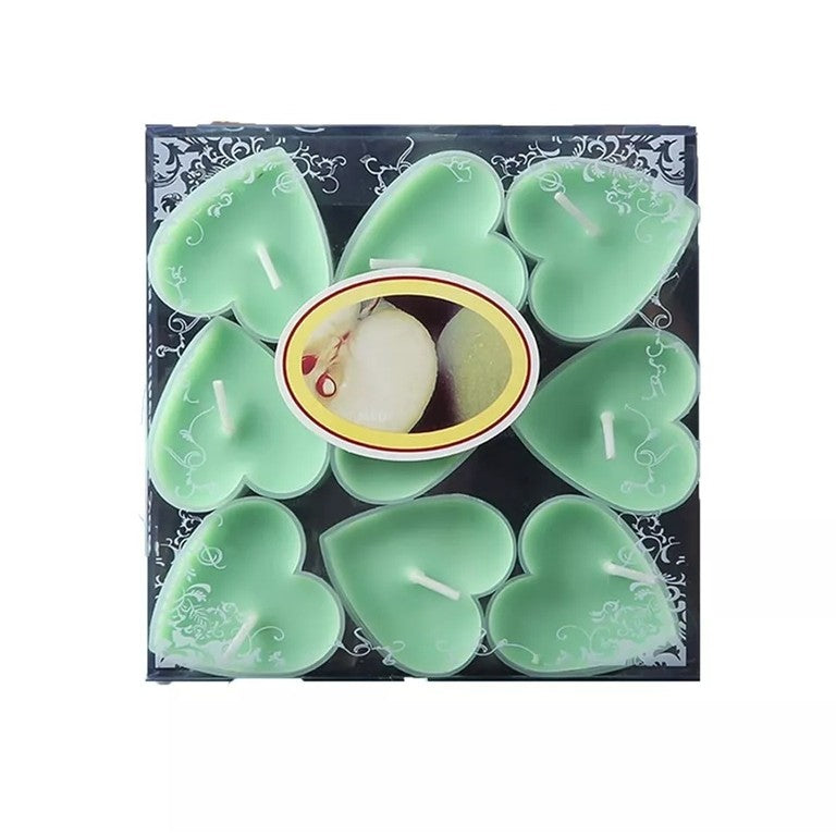 Set 9 Lumanari in Forma de Inima, Klevo, pentru Ziua Indragostitilor, Aroma de Mar, Ardere 3.5 h, din Parafina, 4 x 2 cm, Verde