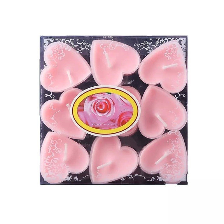 Set 9 Lumanari in Forma de Inima, Klevo, pentru Ziua Indragostitilor, Aroma de Trandafiri, Ardere 3.5 h, din Parafina, 4 x 2 cm, Roz