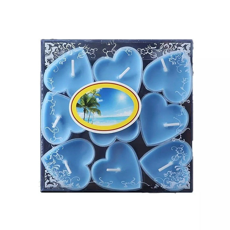 Set 9 Lumanari in Forma de Inima, Klevo, pentru Ziua Indragostitilor, Aroma Tropicala, Ardere 3.5 h, din Parafina, 4 x 2 cm, Albastru