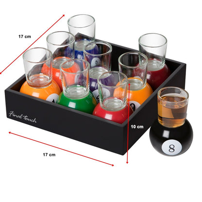 Set 9 pahare de shot Klevo, cu suport tip bila de biliard, detasabil, 30 ml, din sticla, 17 x 17 x 10 cm, multicolor
