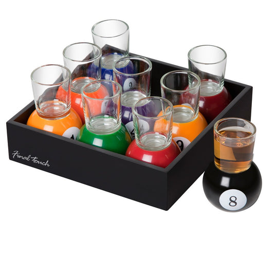 Set 9 pahare de shot Klevo, cu suport tip bila de biliard, detasabil, 30 ml, din sticla, 17 x 17 x 10 cm, multicolor