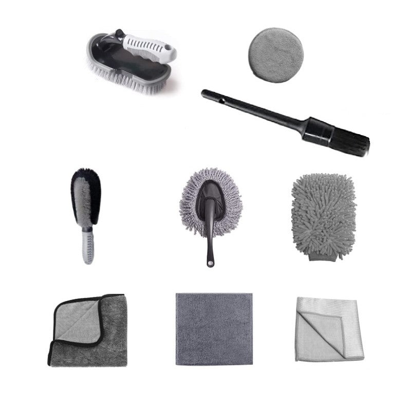 Set 9 Piese pentru Spalat Auto, Klevo, din Plastic si Microfibra, Perii si Lavete, Model B, Gri