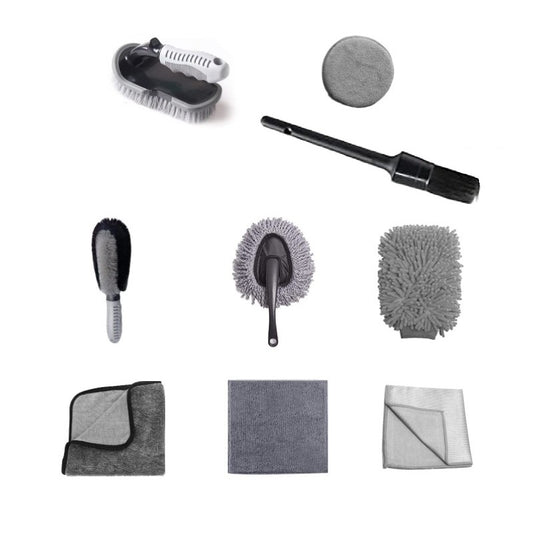 Set 9 Piese pentru Spalat Auto, Klevo, din Plastic si Microfibra, Perii si Lavete, Model B, Gri