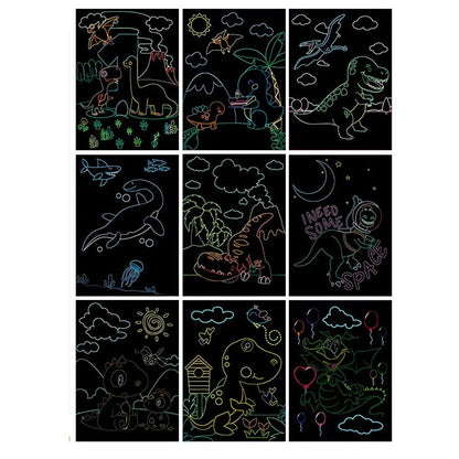 Set 9 Planse Razuibile, Klevo, Scratch ArtCards, +3 Ani, de Razuit si de Colorat, 19 x 14 cm, Model Dinozauri, Multicolor