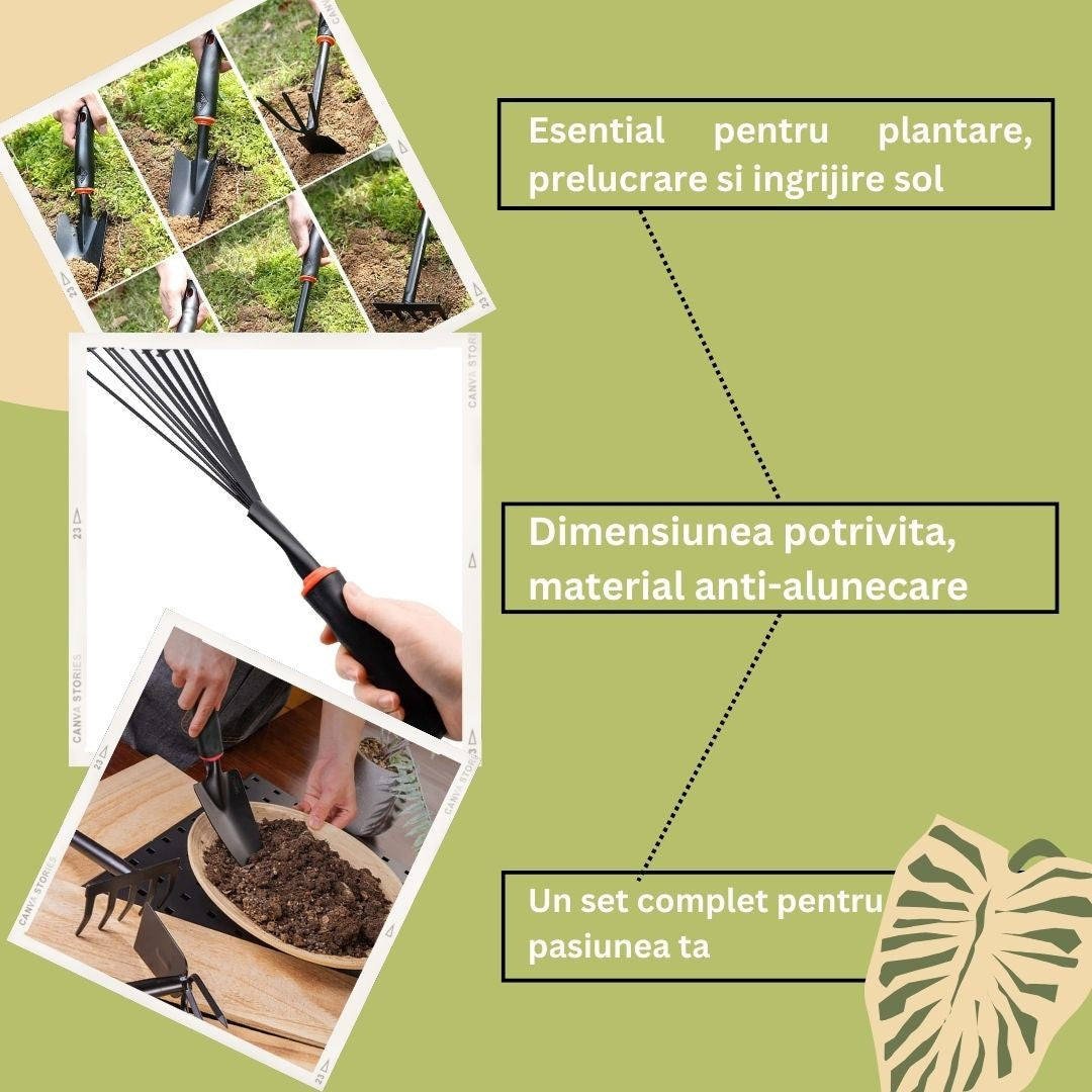 Set 9 Unelte de Gradina Klevo, pentru Plantare Prelucrare Sol si Ingrijire Plante, Material PVC si cardboard, 25 x 14.5 cm, negru